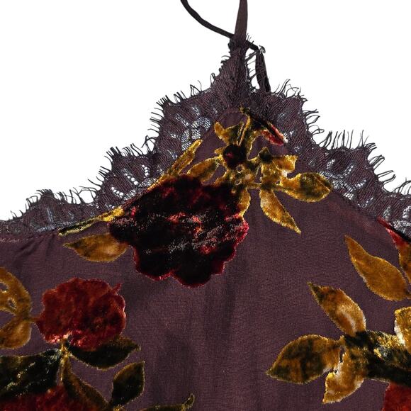 Womens Sz XL Velvet Burnout Dark Floral Lace Trim Camisole Purple Red Gold Y2K - Picture 5 of 11